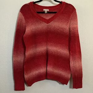 Red Gradient Knit Artsy Fall Winter Casual Preppy V Neck Knitted Sweater M